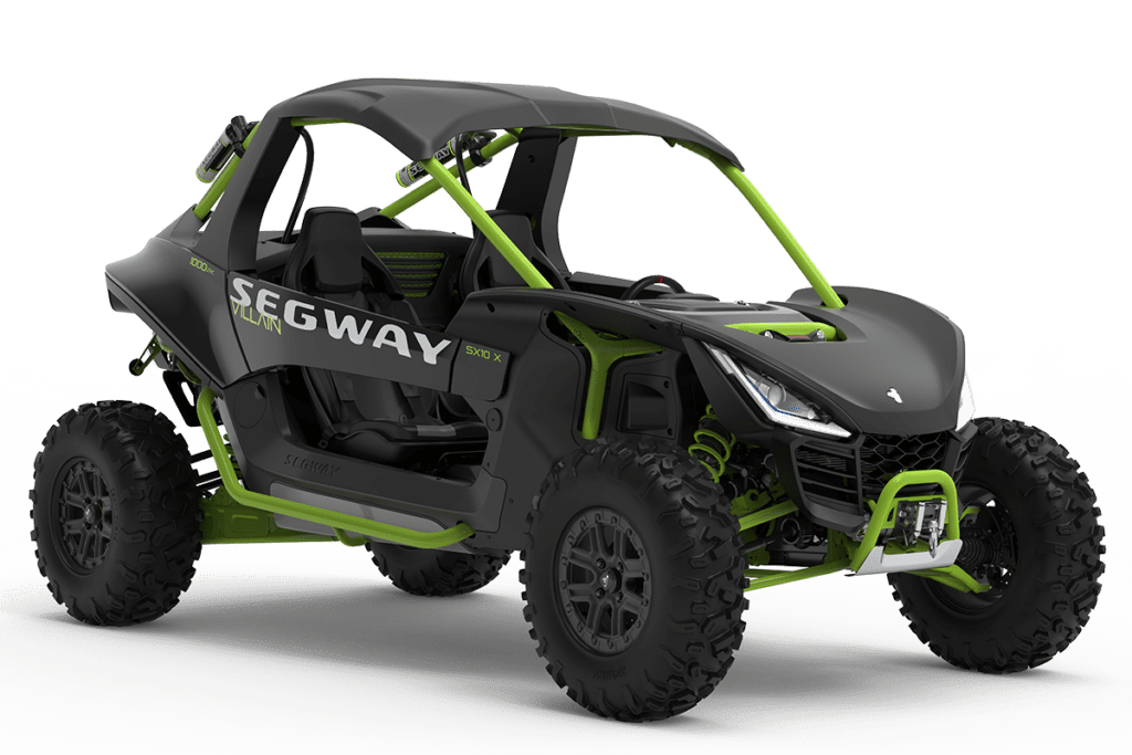 Segway Villain SX10 Premium i svart med gröna kontrastdetaljer. Bilden illustrerar sportig terrängmodell med hög komfort och prestanda.